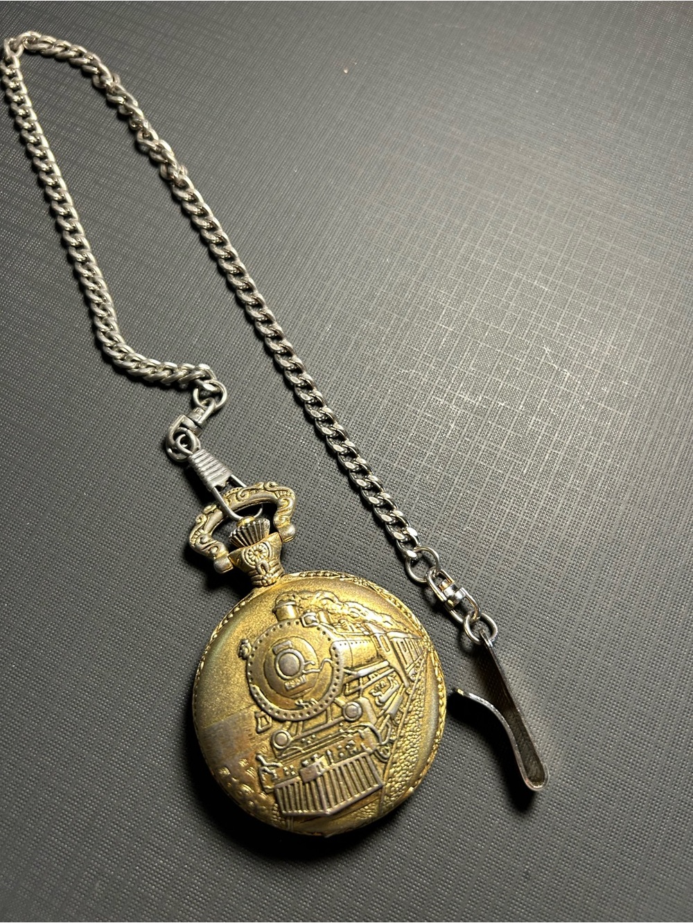 Vintage-Style Men's Train Pocket Watch Necklace - Gold and Silver